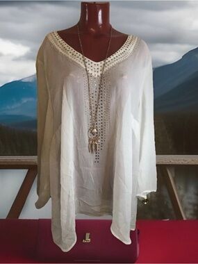 Added Dimensions Catherines White Sheer Top RhineSTONES Bodice- Plus 2X 22/24W
